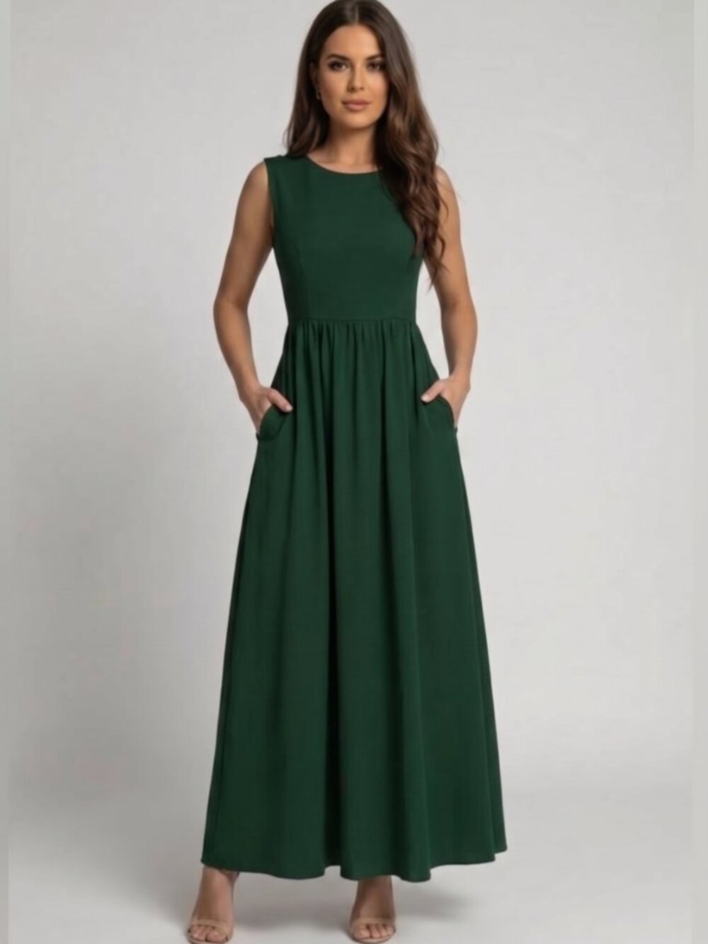 Gathered-Waist A-Line Maxi Dress With Pockets Green